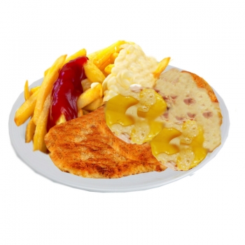 82. Schnitzel Hawaii mit Schinken, Ananas, Sahnesoße
