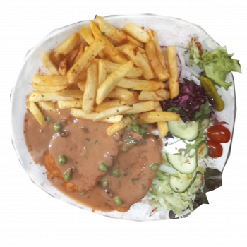126. Schnitzel mit Jägersoße, Pilze und Erbsen