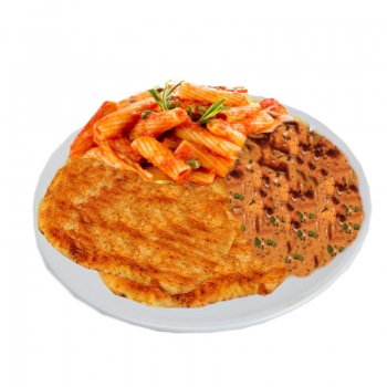 84. Schnitzel Bayern mit Braten Sauce und Zwiebeln und Beilage