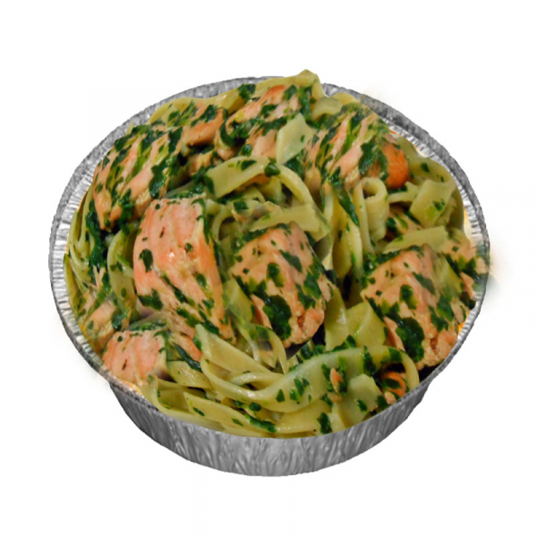 168 Bandnudeln mit Knoblauch, Spinat und Lachs, Sahnesoße