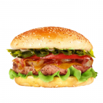 64. Bacon Burger, mit BBQ Soße Salat, saure Gurke, Tomate, rote Zwiebeln Soßen