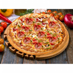 227. Pizza Texas BBQ-Sauce, knuspriger Bacon, Peperoni, Salami, rote Zwiebeln, Paprika, Mais