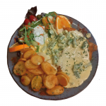 82. Schnitzel Hawaii mit Schinken, Ananas, Sahnesoße