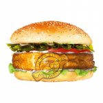 69. Halloumi Burger, mit Salat, saure Gurke, Tomate, rote Zwiebeln Soßen
