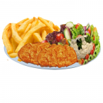 46. Hähnchenschnitzel auf Teller mit Pommes & Salat