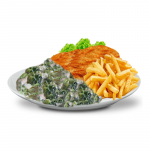 83. Schnitzel Paris  mit Broccoli, Pilze, Erbsen, Sahnesoße